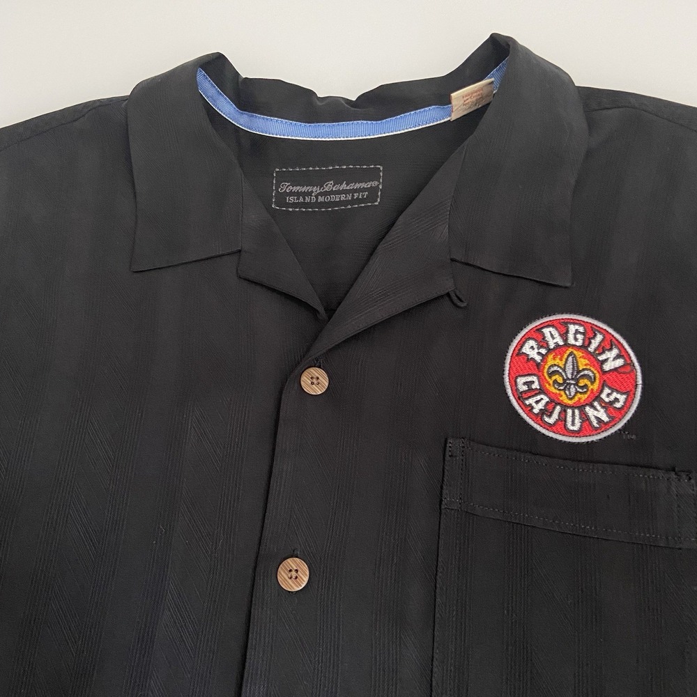 Tommy Bahama Men's 2XL Ragin Cajun UL Black Strip Print SS Button Down 100% Silk